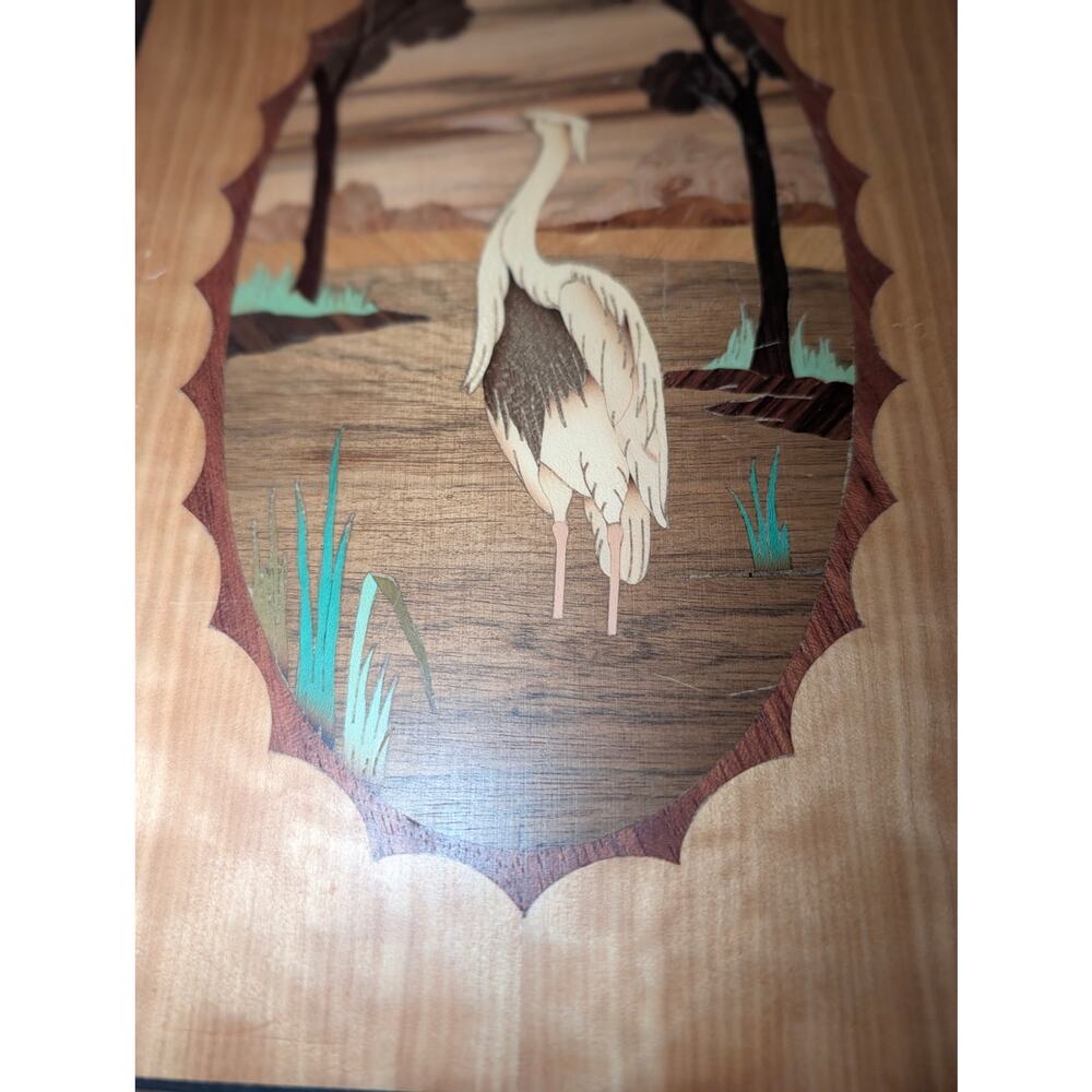 Vintage Rare Inlay Wood Blue Crane Wall Decor Different Woods Design - Picture 2 of 7